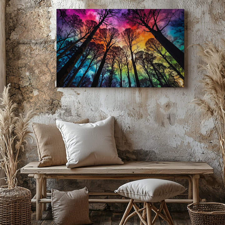 Psychedelic Forest Sky Canvas – Surreal Nature with Rainbow Gradient Art - Gifitto