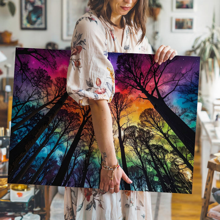 Psychedelic Forest Sky Canvas – Surreal Nature with Rainbow Gradient Art - Gifitto