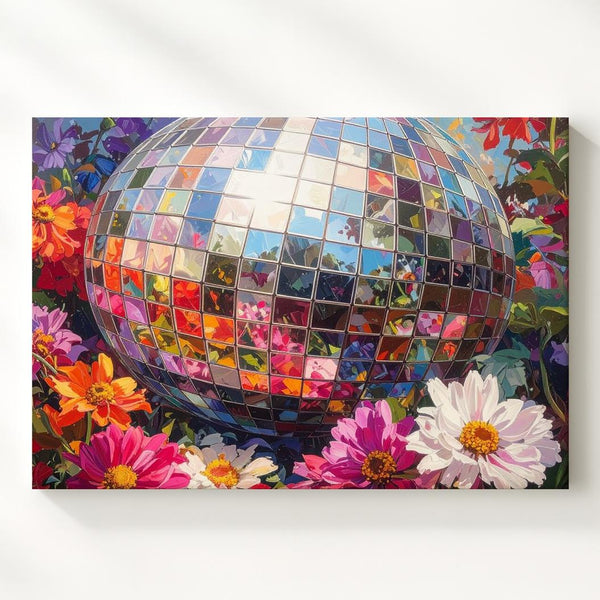 Disco Bloom Canvas – Vibrant Floral Still Life with Reflective Disco Ball - Gifitto