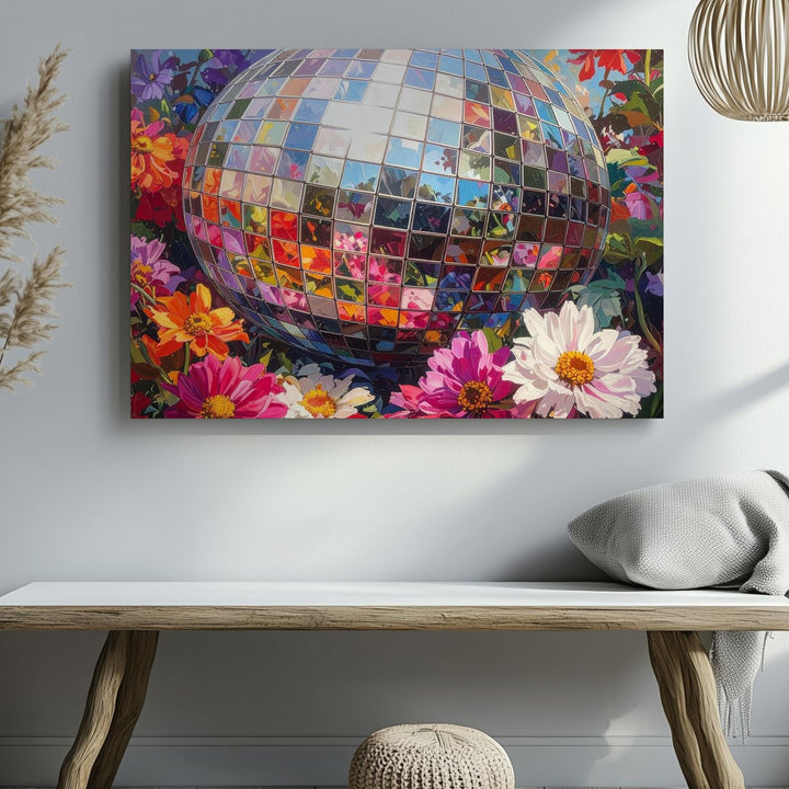 Disco Bloom Canvas – Vibrant Floral Still Life with Reflective Disco Ball - Gifitto