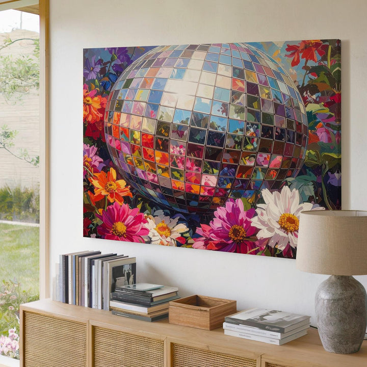 Disco Bloom Canvas – Vibrant Floral Still Life with Reflective Disco Ball - Gifitto