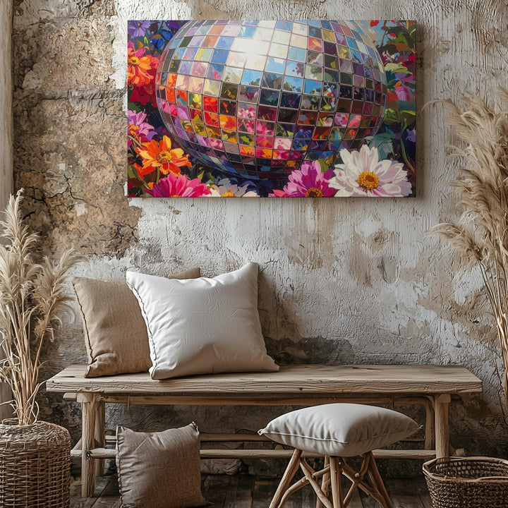 Disco Bloom Canvas – Vibrant Floral Still Life with Reflective Disco Ball - Gifitto