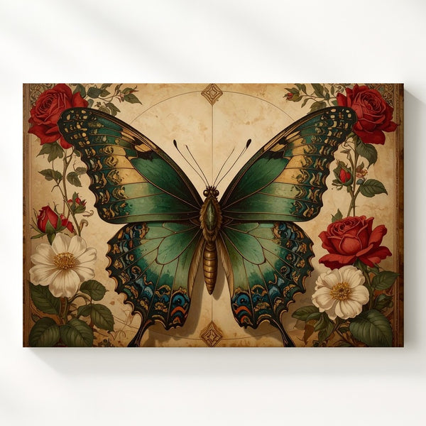 Ornate Butterfly & Roses Canvas – Vintage-Inspired Nature Art - Gifitto