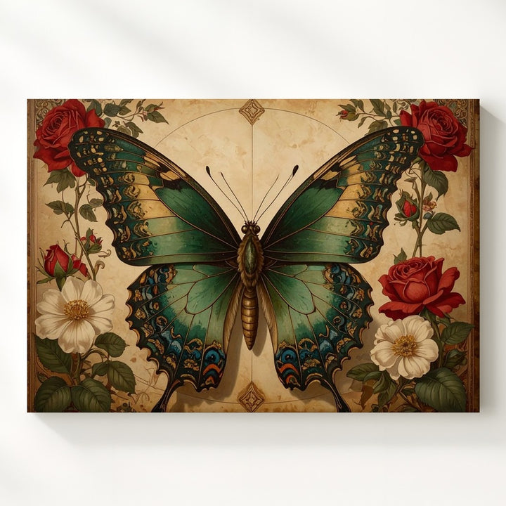 Ornate Butterfly & Roses Canvas – Vintage-Inspired Nature Art - Gifitto