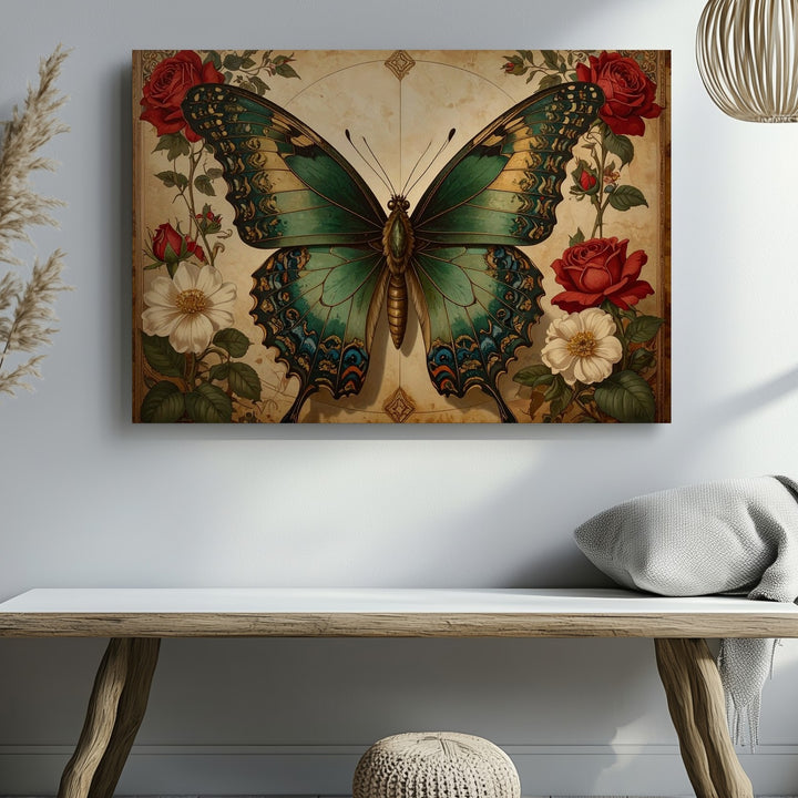 Ornate Butterfly & Roses Canvas – Vintage-Inspired Nature Art - Gifitto
