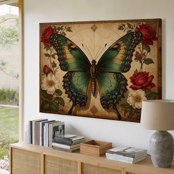 Ornate Butterfly & Roses Canvas – Vintage-Inspired Nature Art - Gifitto