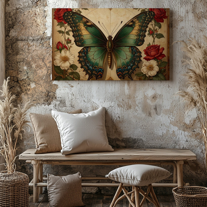 Ornate Butterfly & Roses Canvas – Vintage-Inspired Nature Art - Gifitto