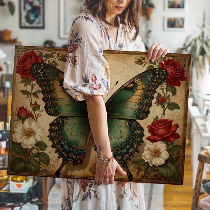 Ornate Butterfly & Roses Canvas – Vintage-Inspired Nature Art - Gifitto