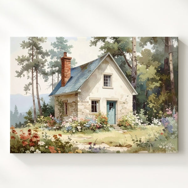 Cozy Cottage in Forest Canvas – Watercolor Woodland Retreat Art - Gifitto