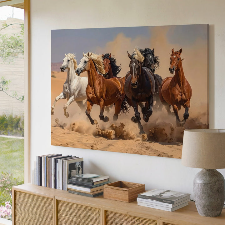 Running Herd of Horses Canvas – Dynamic Desert Gallop Art - Gifitto