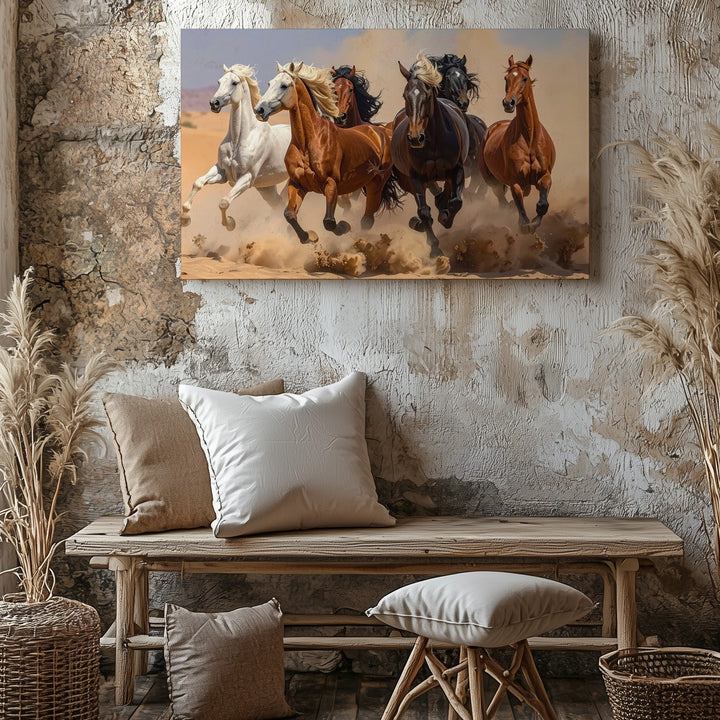 Running Herd of Horses Canvas – Dynamic Desert Gallop Art - Gifitto