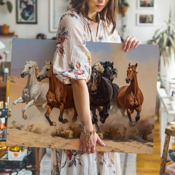 Running Herd of Horses Canvas – Dynamic Desert Gallop Art - Gifitto
