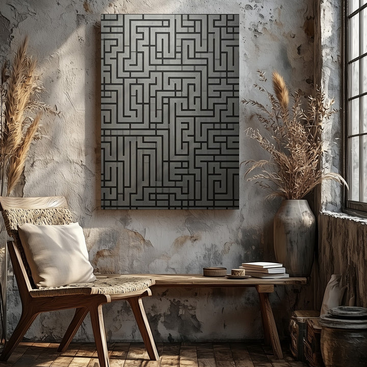 Monochrome Maze Canvas – Minimalist Geometric Puzzle Wall Art - Gifitto