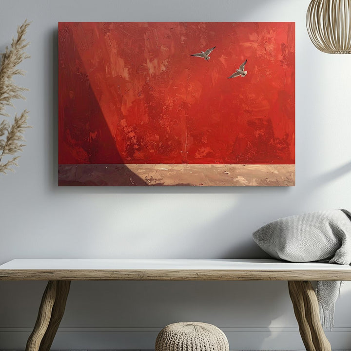 Red Sky Birds Canvas – Minimalist Flight on Warm Textured Background - Gifitto