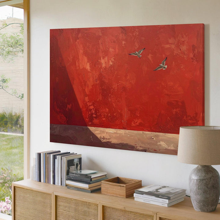 Red Sky Birds Canvas – Minimalist Flight on Warm Textured Background - Gifitto