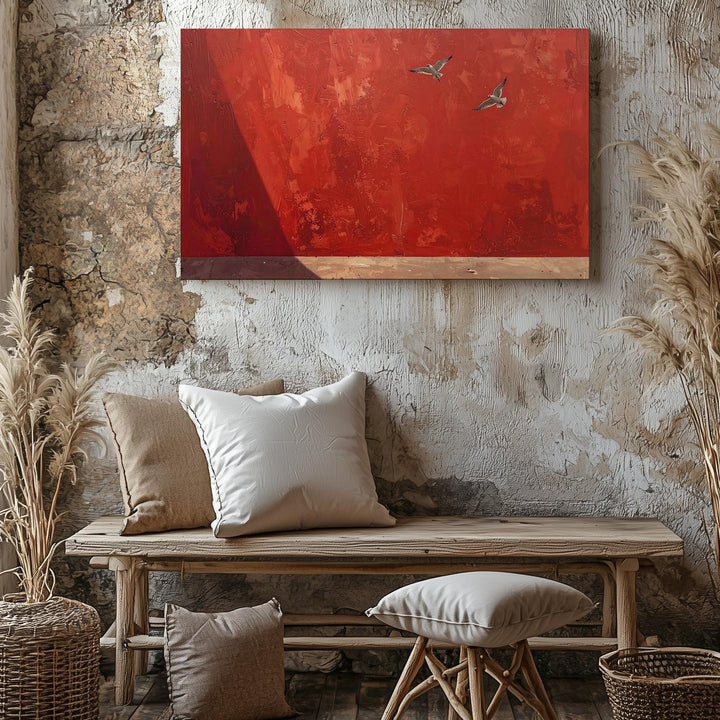 Red Sky Birds Canvas – Minimalist Flight on Warm Textured Background - Gifitto
