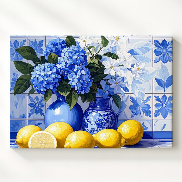 Mediterranean Lemons & Hydrangeas Canvas – Still-Life Blue and White Art - Gifitto