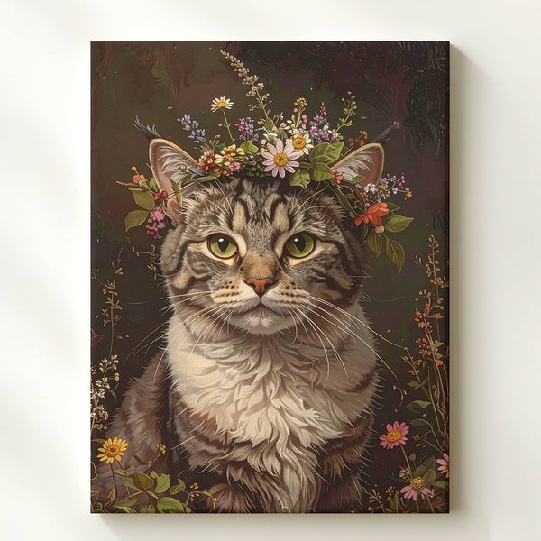 Regal Tabby Portrait Canvas – Floral Crown Cat in Classic Style - Gifitto