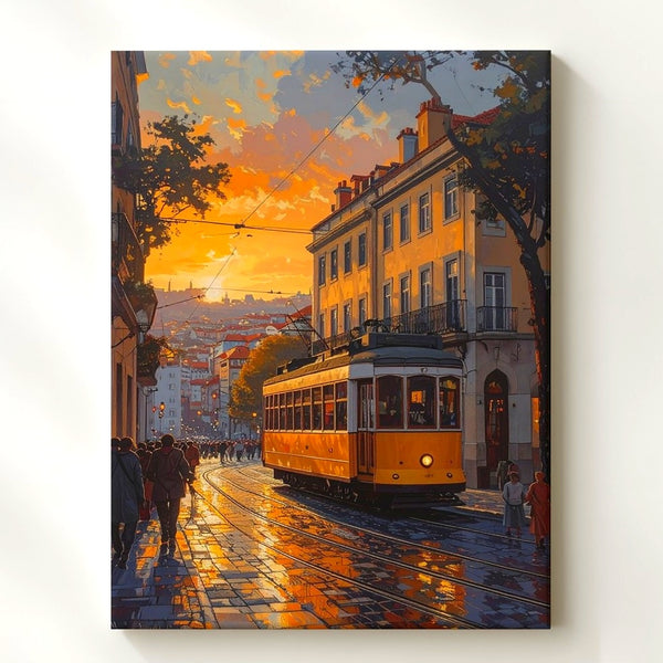 Romantic European Tram Canvas – Golden Hour Street Scene with Vintage Charm
