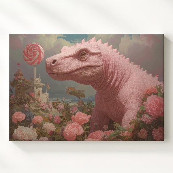 Whimsical Pink Dinosaur in Candyland Canvas – Soft Pastel Fantasy Art - Gifitto
