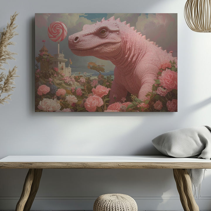 Whimsical Pink Dinosaur in Candyland Canvas – Soft Pastel Fantasy Art - Gifitto