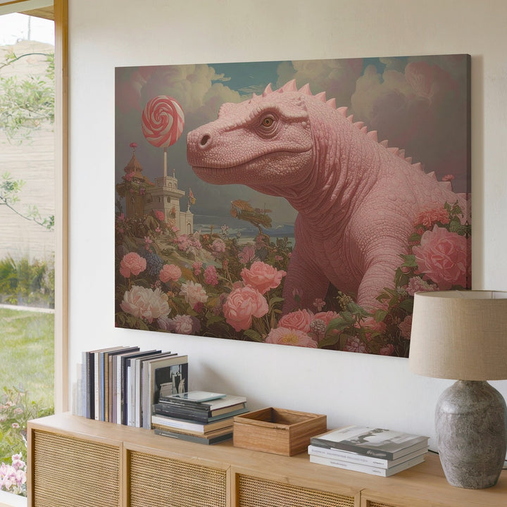 Whimsical Pink Dinosaur in Candyland Canvas – Soft Pastel Fantasy Art - Gifitto