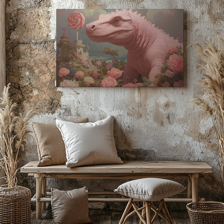 Whimsical Pink Dinosaur in Candyland Canvas – Soft Pastel Fantasy Art - Gifitto