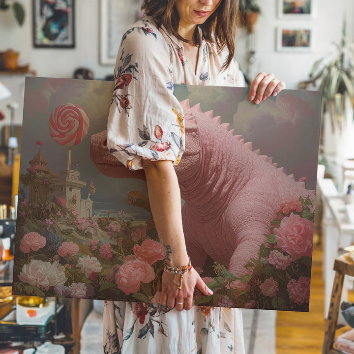 Whimsical Pink Dinosaur in Candyland Canvas – Soft Pastel Fantasy Art - Gifitto