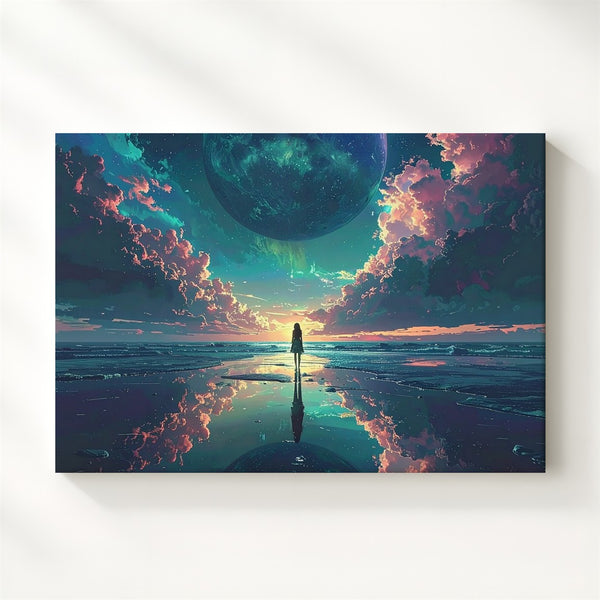 Mirrored Planet Horizon Canvas – Cosmic Reflection with Lone Figure - Gifitto