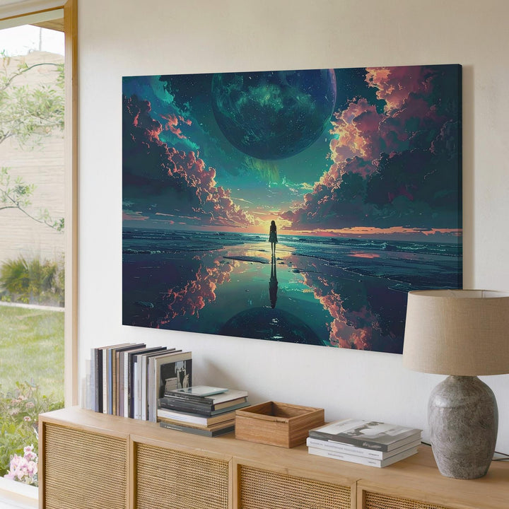 Mirrored Planet Horizon Canvas – Cosmic Reflection with Lone Figure - Gifitto