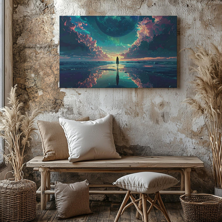 Mirrored Planet Horizon Canvas – Cosmic Reflection with Lone Figure - Gifitto