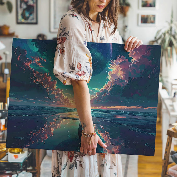 Mirrored Planet Horizon Canvas – Cosmic Reflection with Lone Figure - Gifitto