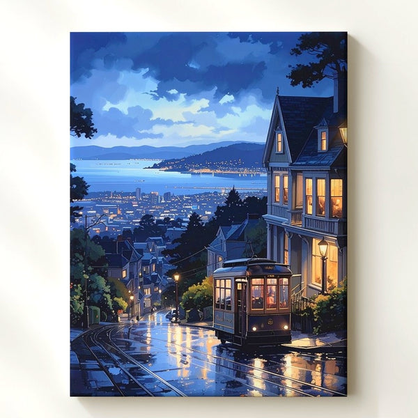 San Francisco Nighttime Cable Car Canvas – Moody City Street with Rainy Reflections