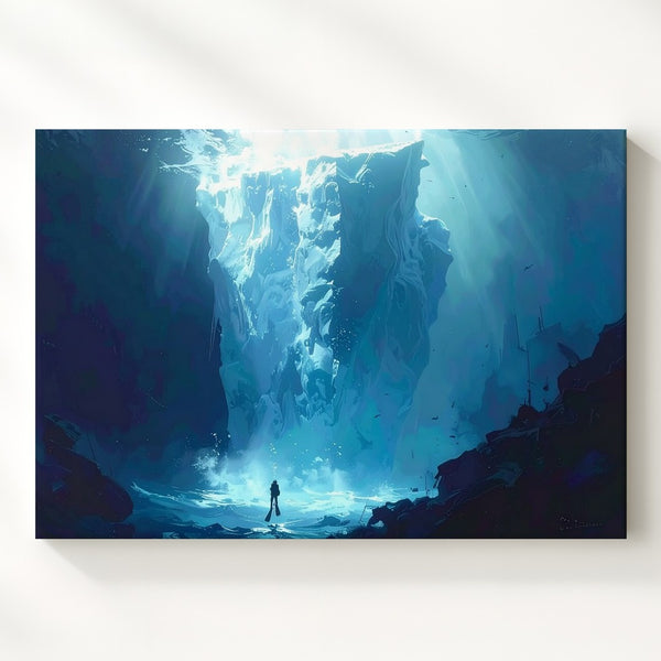 Into the Abyss Diver Canvas – Moody Underwater Iceberg Exploration Art