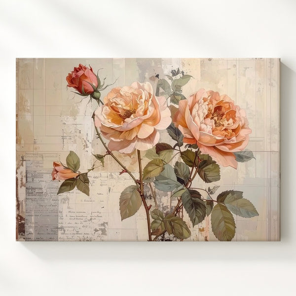 Vintage Rose Botanical Canvas – Soft Peach & Blush Floral Art - Gifitto