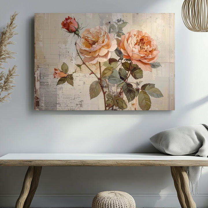 Vintage Rose Botanical Canvas – Soft Peach & Blush Floral Art - Gifitto