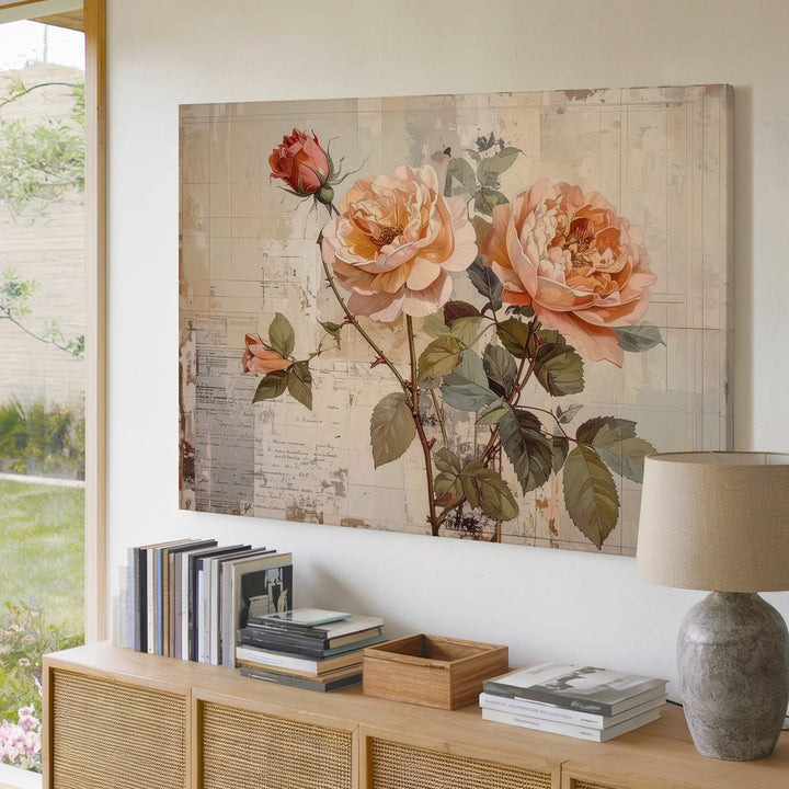 Vintage Rose Botanical Canvas – Soft Peach & Blush Floral Art - Gifitto