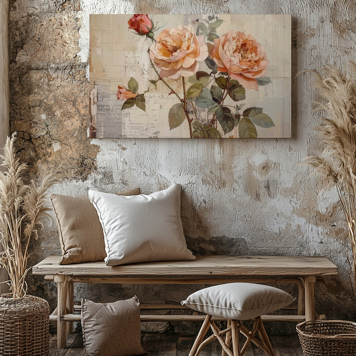 Vintage Rose Botanical Canvas – Soft Peach & Blush Floral Art - Gifitto