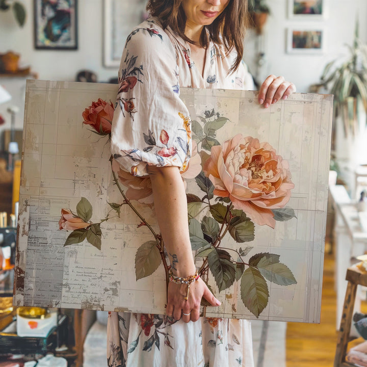 Vintage Rose Botanical Canvas – Soft Peach & Blush Floral Art - Gifitto