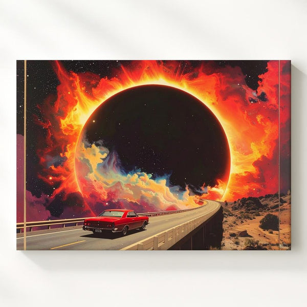 Retro Cosmic Drive Canvas – Surreal Vintage Car & Eclipse Wall Art - Gifitto
