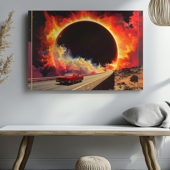 Retro Cosmic Drive Canvas – Surreal Vintage Car & Eclipse Wall Art - Gifitto