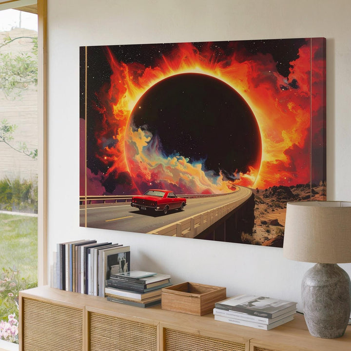 Retro Cosmic Drive Canvas – Surreal Vintage Car & Eclipse Wall Art - Gifitto