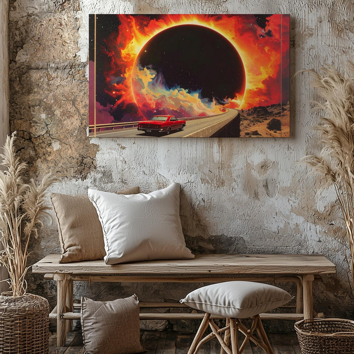 Retro Cosmic Drive Canvas – Surreal Vintage Car & Eclipse Wall Art - Gifitto