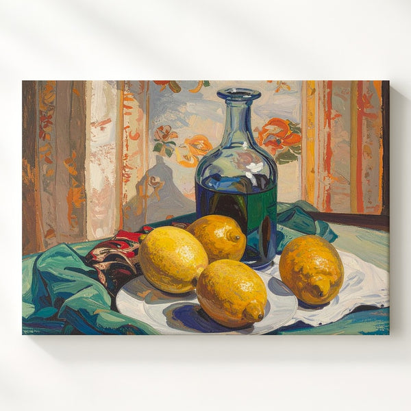 Vintage Lemon Still Life Canvas – Rustic Glass Bottle & Plate Art - Gifitto