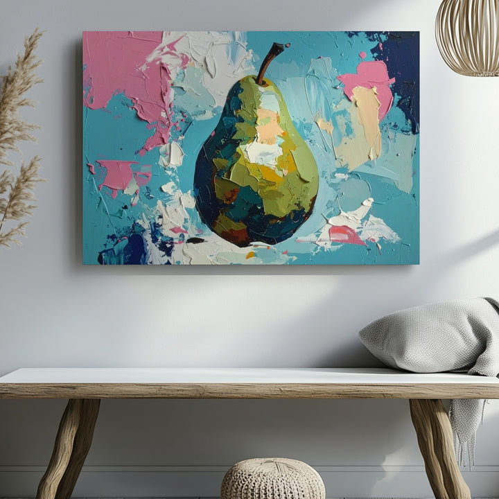 Abstract Pear Canvas – Bold Color Block Fruit on Cyan Background - Gifitto