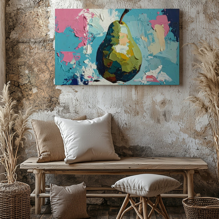 Abstract Pear Canvas – Bold Color Block Fruit on Cyan Background - Gifitto