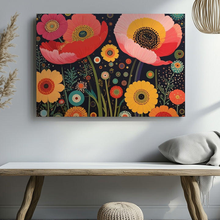 Retro Bloom Canvas – Vibrant Poppy Floral Wall Art with Dark Background - Gifitto