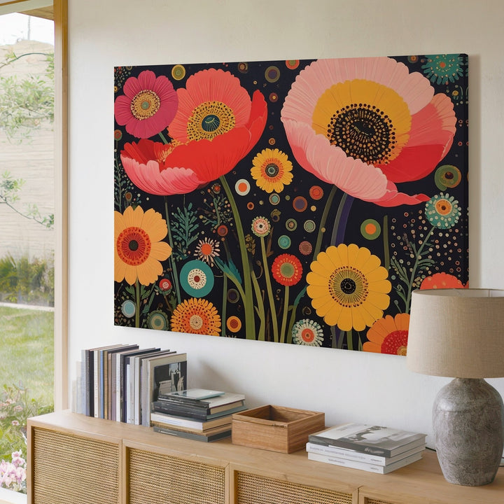 Retro Bloom Canvas – Vibrant Poppy Floral Wall Art with Dark Background - Gifitto