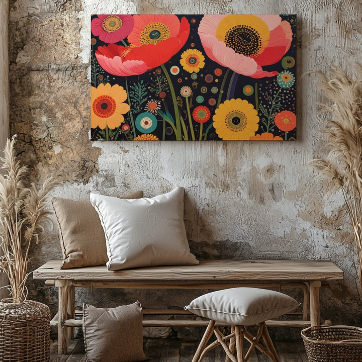 Retro Bloom Canvas – Vibrant Poppy Floral Wall Art with Dark Background - Gifitto