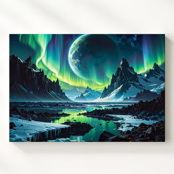 Frozen Alien Landscape Canvas – Icy Mountains and Vibrant Aurora - Gifitto